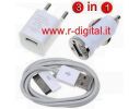 CARICABATTERIE IPHONE 4G 3G 3GS KIT 3 IN 1 USB AUTO CASA BIANCO