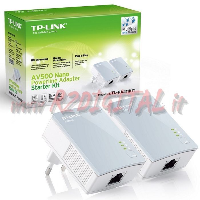 ADATTATORE TP-LINK TL-PA411 KIT 2 ADATTATORI POWERLINE CONVERTITORE RETE  ELETTRICA IN LAN ETHERNET 500Mbps